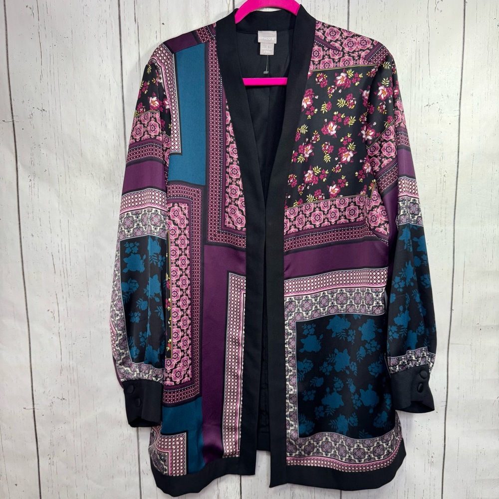 Chicos Womens Patchwork Floral Open Front Cardigan Boho Festival Elegant Layer
